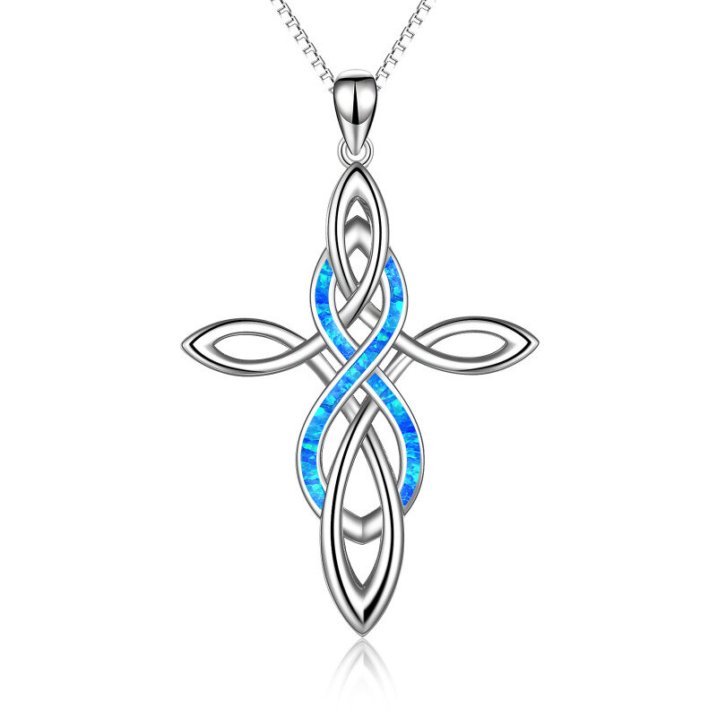 Sterling Silver Blue Opal Celtic Knot Cross Pendant Necklace-12