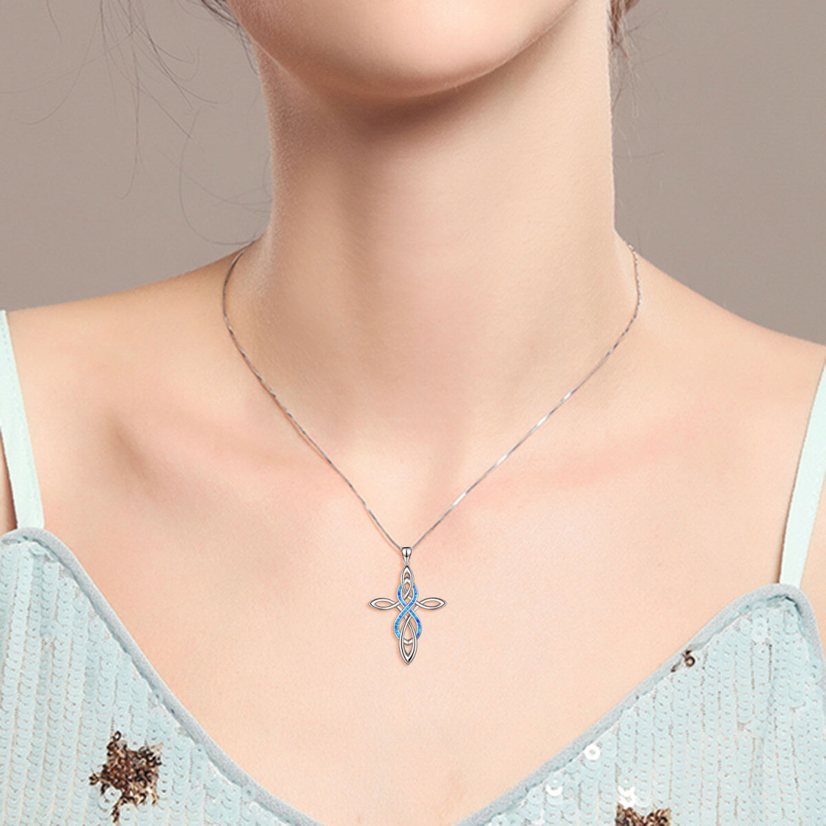 Sterling Silver Blue Opal Celtic Knot Cross Pendant Necklace-2