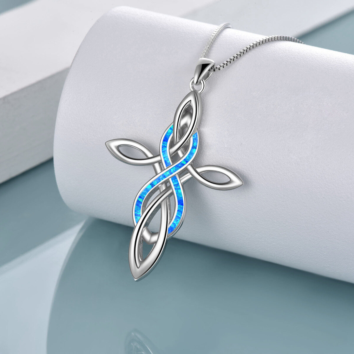 Sterling Silver Blue Opal Celtic Knot Cross Pendant Necklace-3