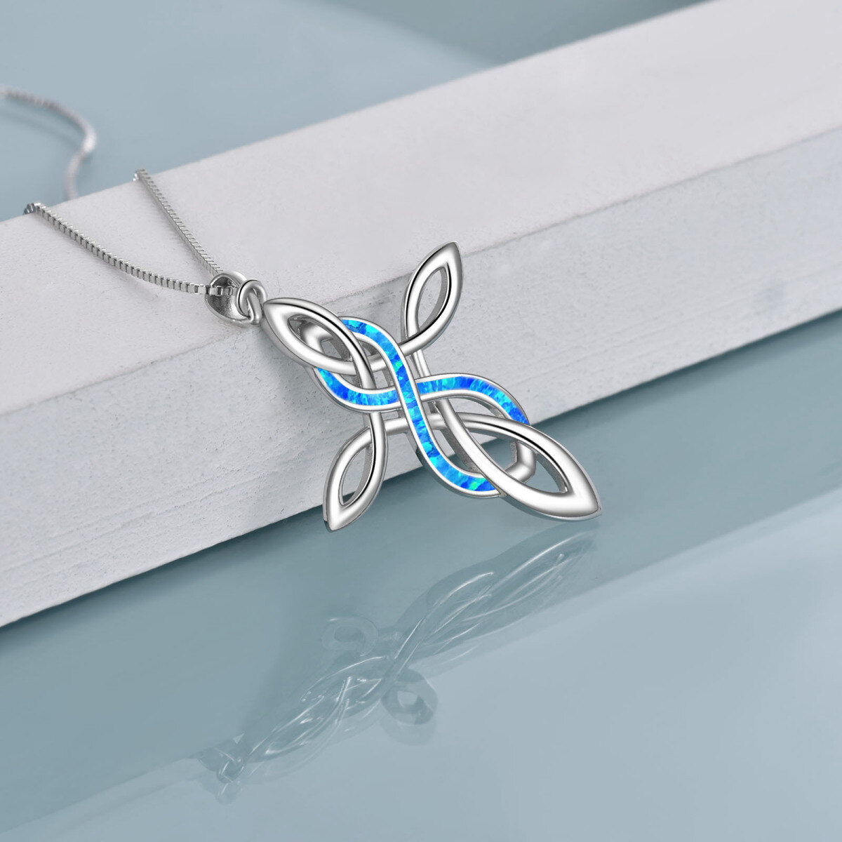 Sterling Silver Blue Opal Celtic Knot Cross Pendant Necklace-4