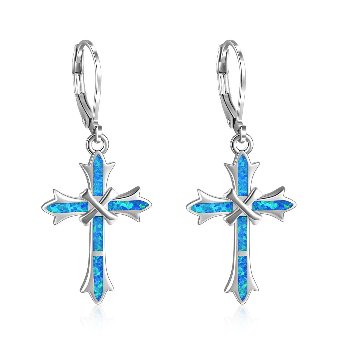 Sterling Silver Blue Opal Cross Lever-back Earrings for Women-1