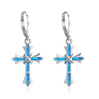 Sterling Silver Blue Opal Cross Lever-back Earrings for Women-12