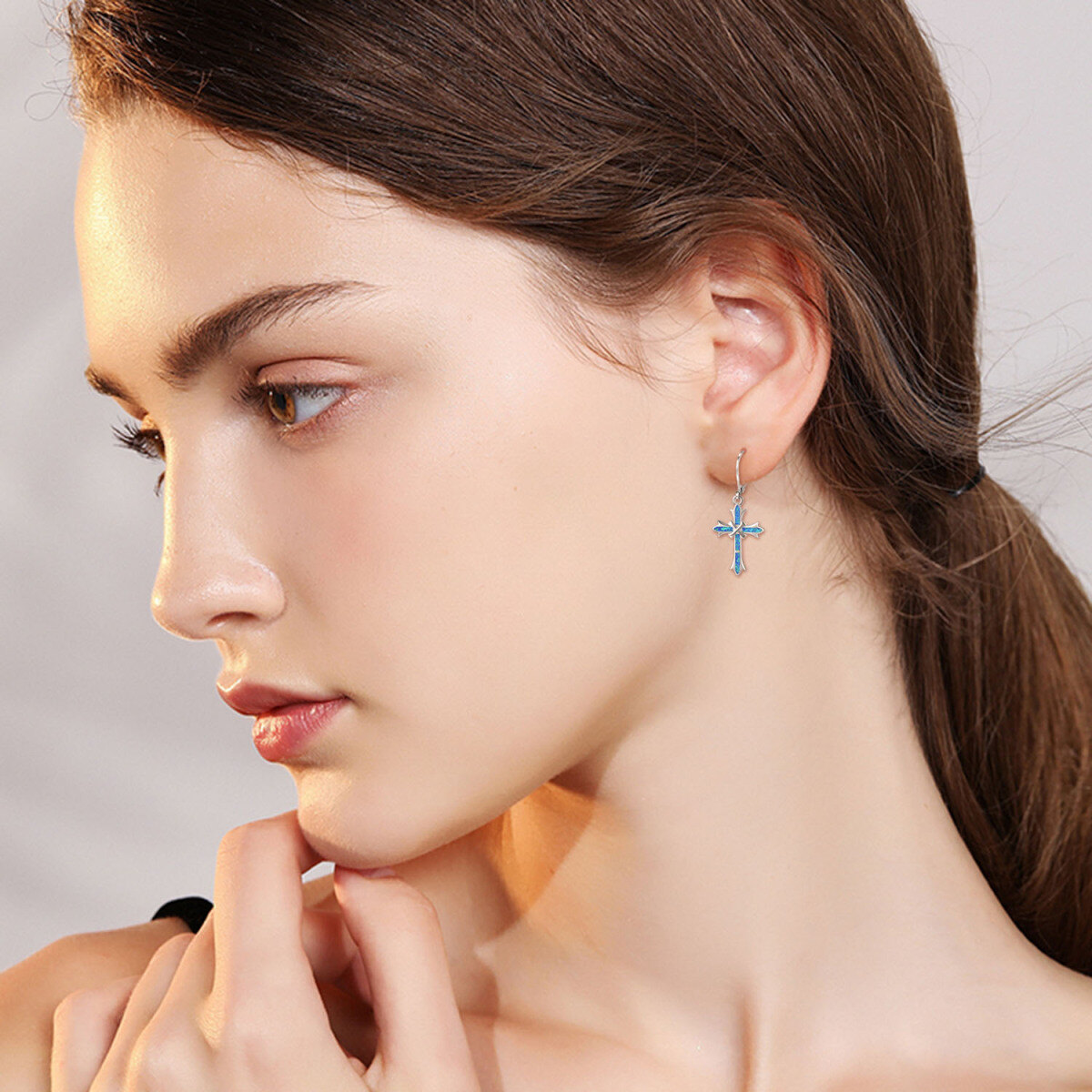 Sterling Silver Blue Opal Cross Lever-back Earrings for Women-2