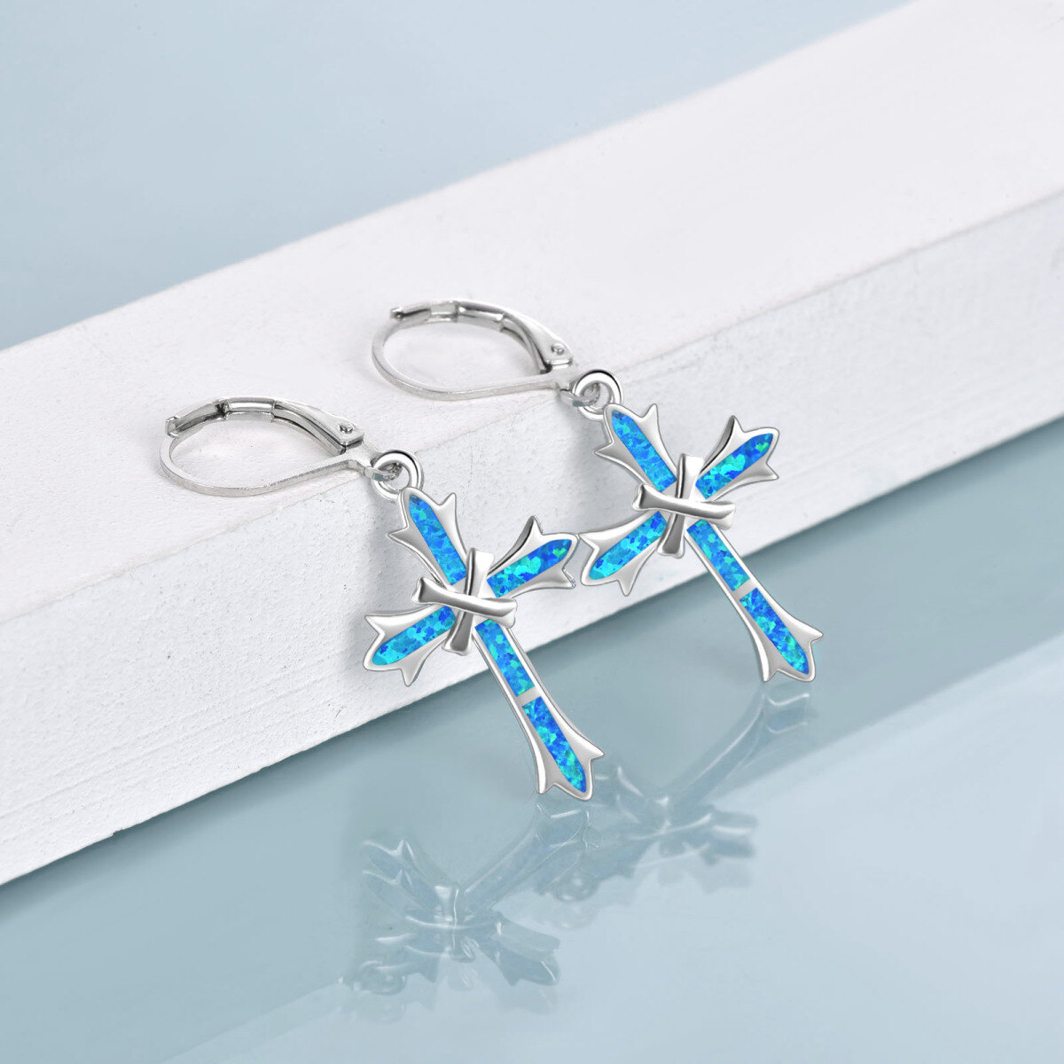 Sterling Silver Blue Opal Cross Lever-back Earrings for Women-3