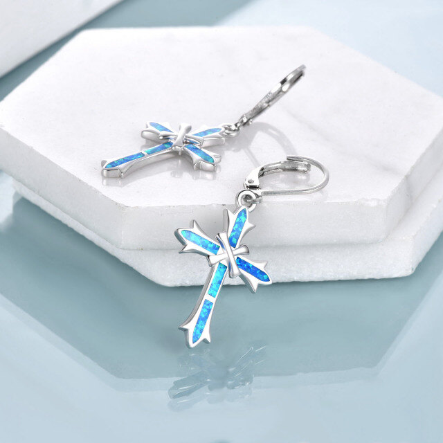 Sterling Silver Blue Opal Cross Lever-back Earrings for Women-4