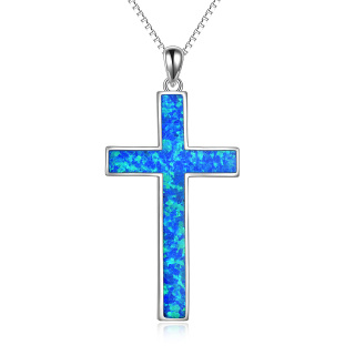 Sterling Silver Blue Opal Cross Pendant Necklace-35