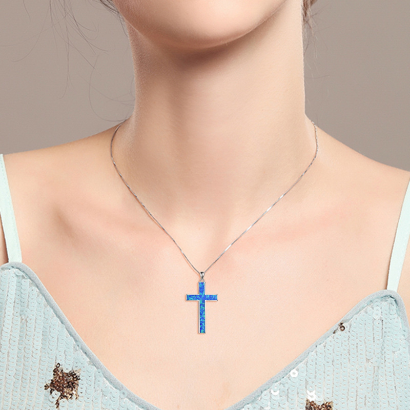 Sterling Silver Blue Opal Cross Pendant Necklace-2