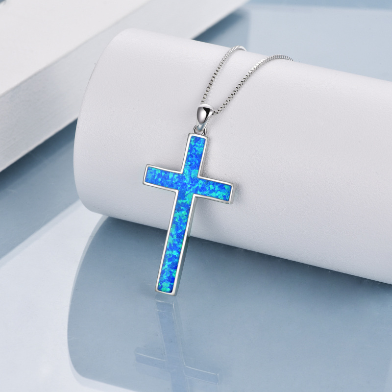Sterling Silver Blue Opal Cross Pendant Necklace-3