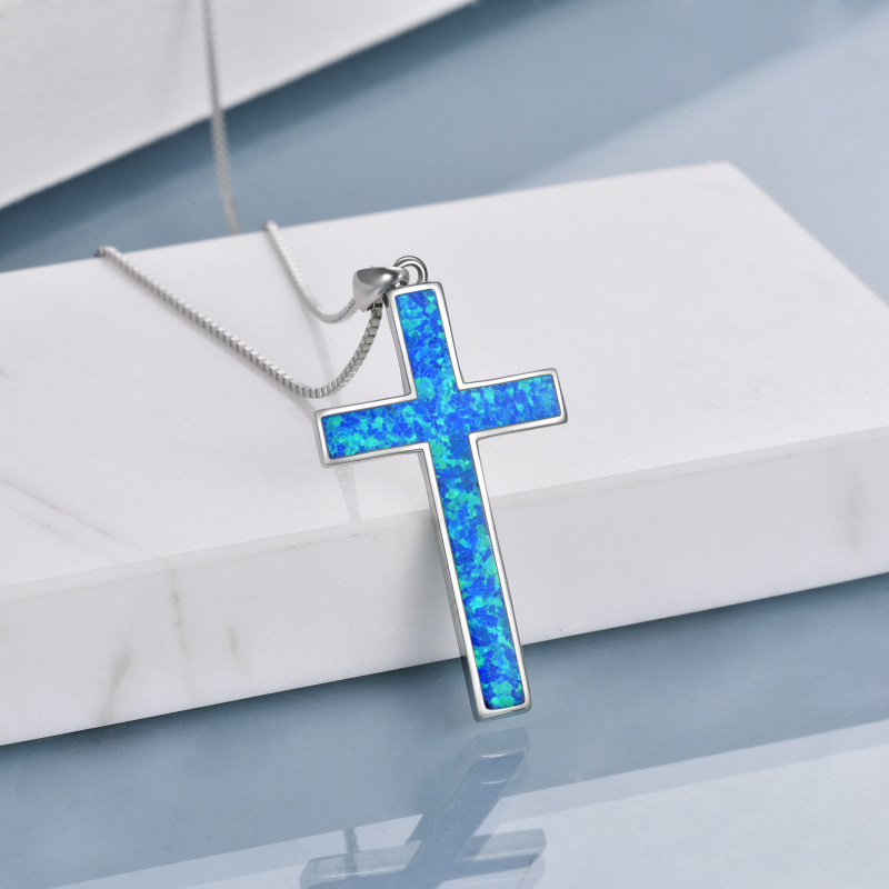 Sterling Silver Blue Opal Cross Pendant Necklace-4