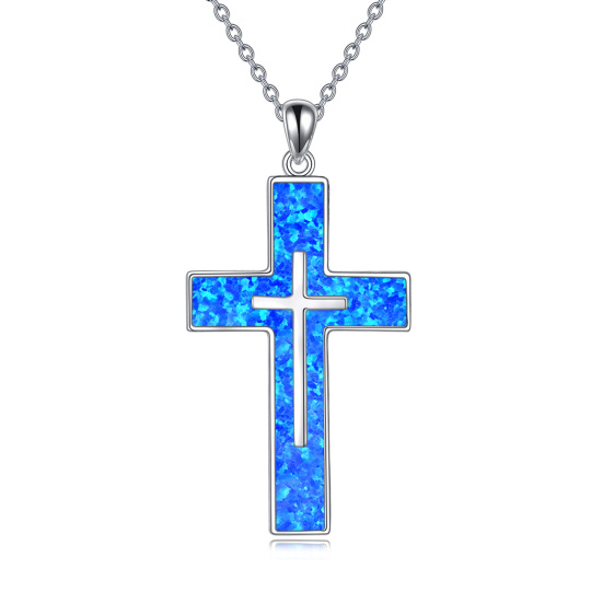 Sterling Silver Blue Opal Double Cross Pendant Necklace