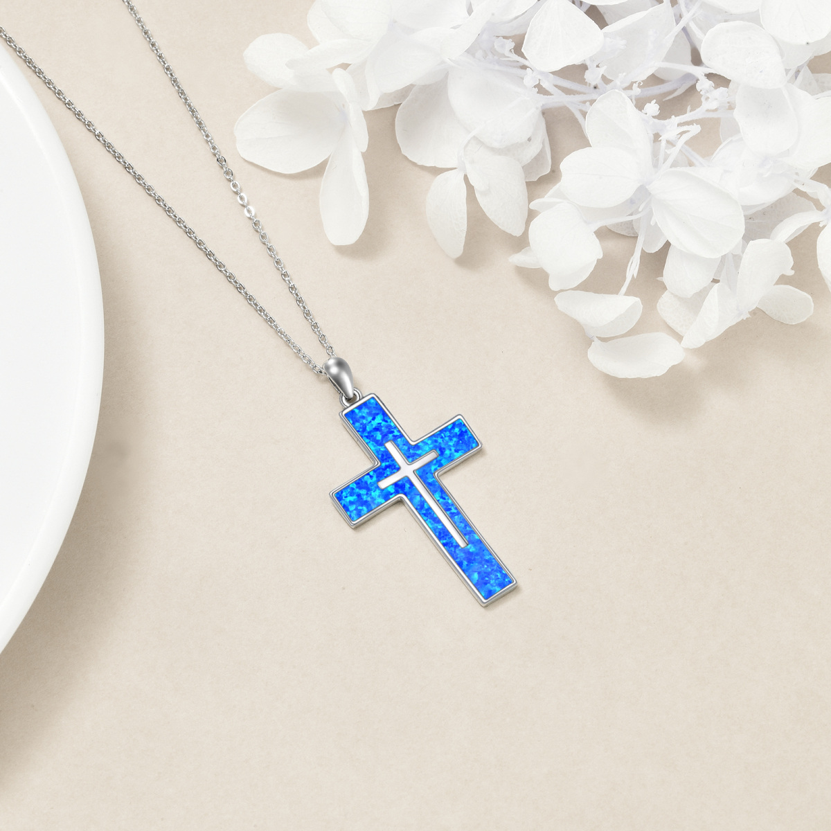 Collier en argent sterling avec pendentif double croix en opale bleue-4