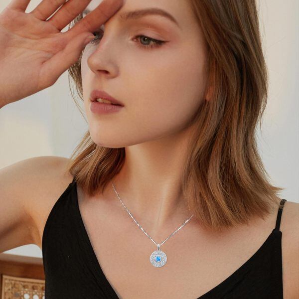 Sterling Silver Blue Opal Evil Eye Pendant Necklace for Women