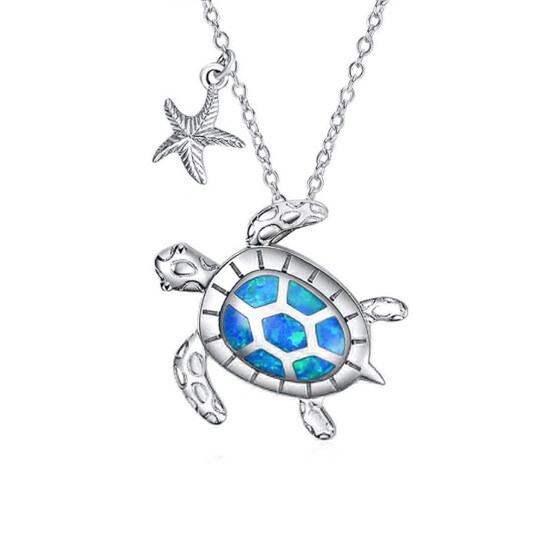 Sterling Silver Blue Opal Starfish & Sea Turtle Pendant Necklace