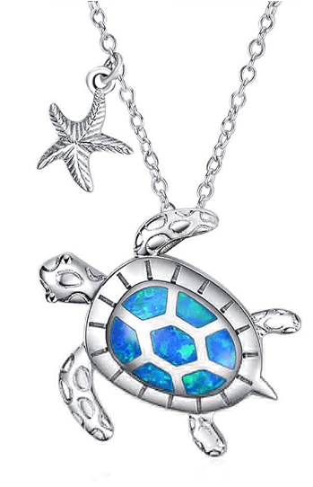 Sterling Silver Blue Opal Starfish & Sea Turtle Pendant Necklace