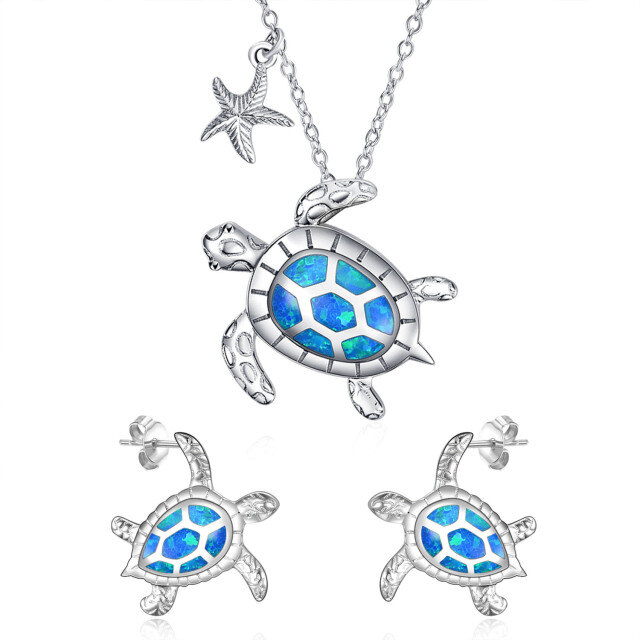 Sterling Silver Blue Opal Starfish & Sea Turtle Pendant Necklace-3