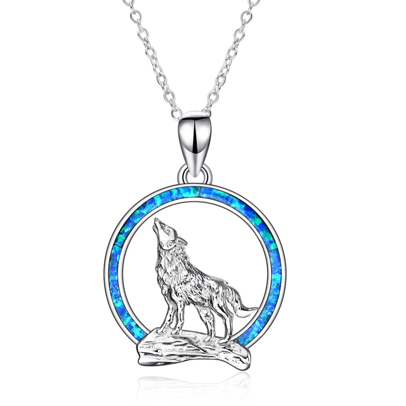 Sterling Silver Blue Opal Wolf Pendant Necklace-9