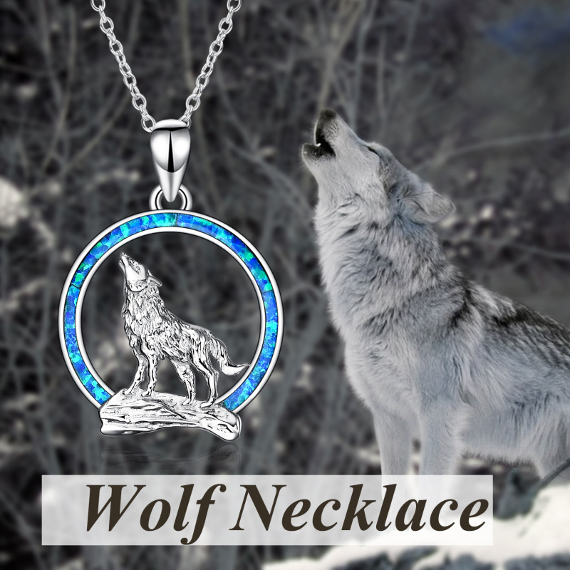 Sterling Silver Blue Opal Wolf Pendant Necklace-3