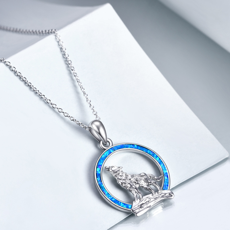 Sterling Silver Blue Opal Wolf Pendant Necklace-4