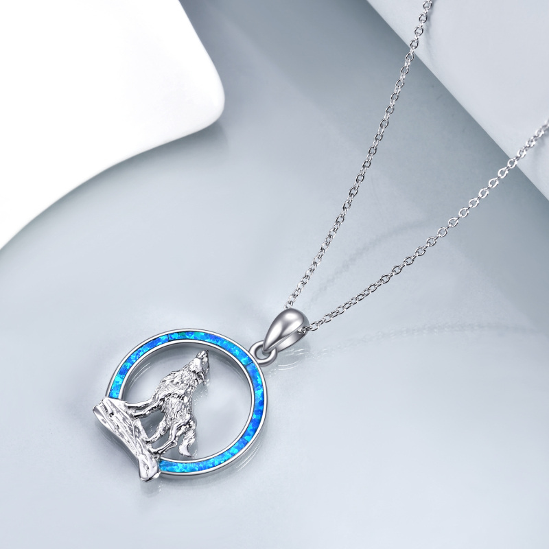 Sterling Silver Blue Opal Wolf Pendant Necklace-5