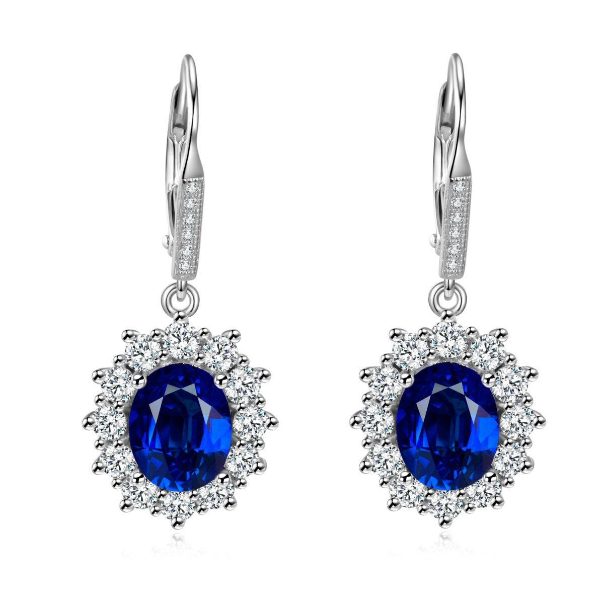 Sterling Silver Blue Oval Cubic Zirconia Flower Lever-back Earrings for Women-1