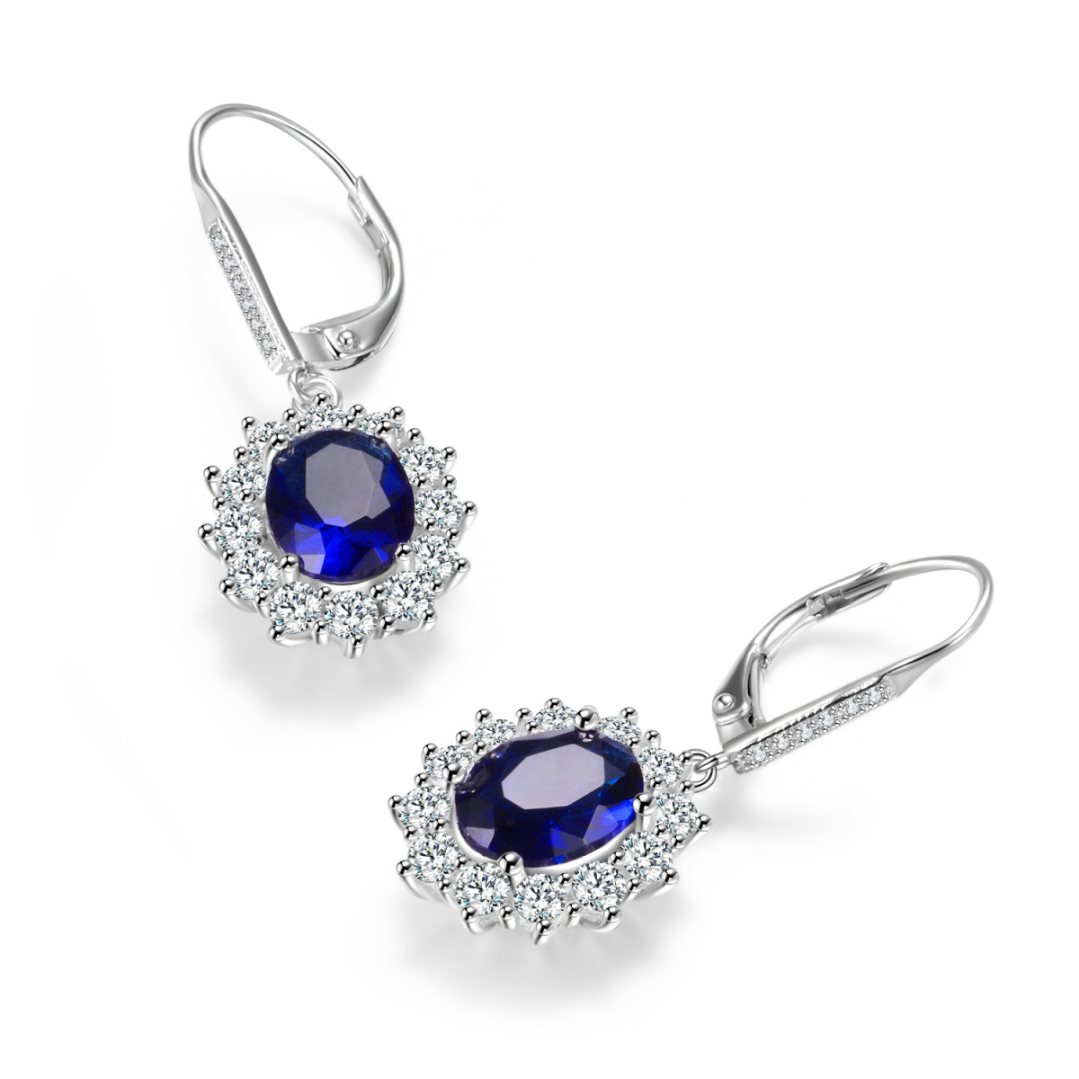 Sterling Silver Blue Oval Cubic Zirconia Flower Lever-back Earrings for Women-3