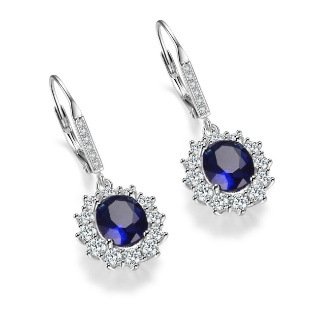 Orecchini a leva con fiore in argento sterling con zirconi cubici ovali blu per donna-4