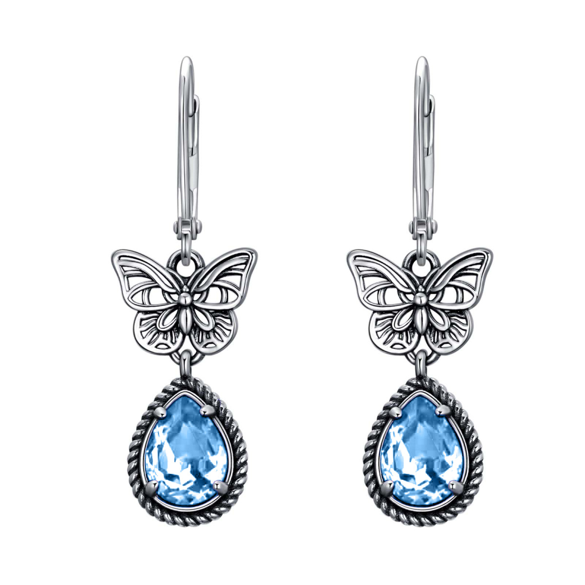 Sterling Silver Blue Pear Crystal Butterfly Lever-back Earrings for Women-1