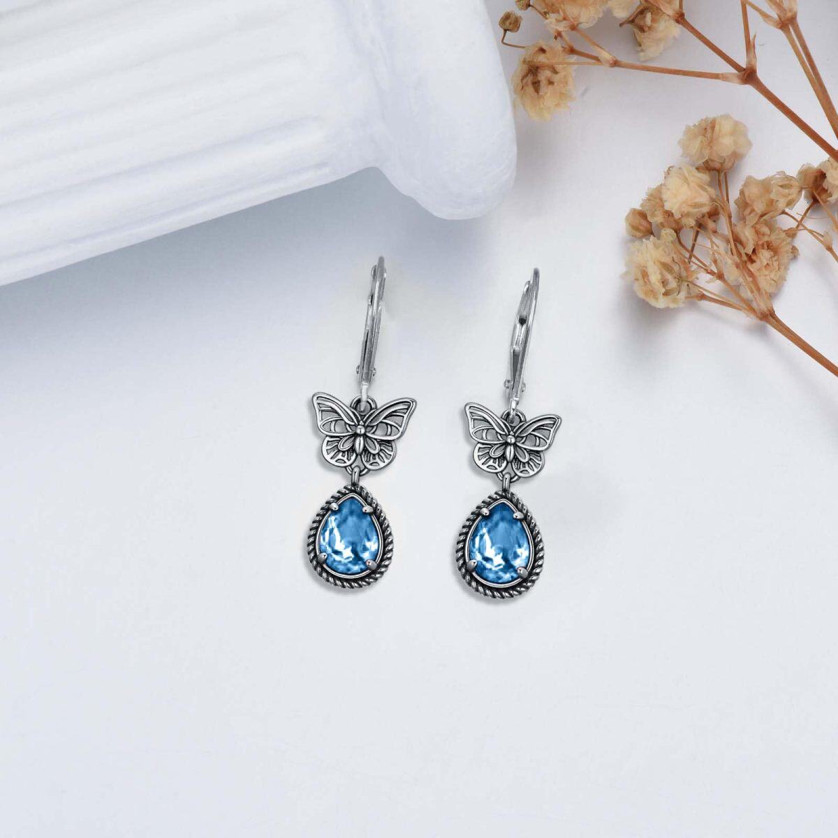 Sterling Silver Blue Pear Crystal Butterfly Lever-back Earrings for Women-3