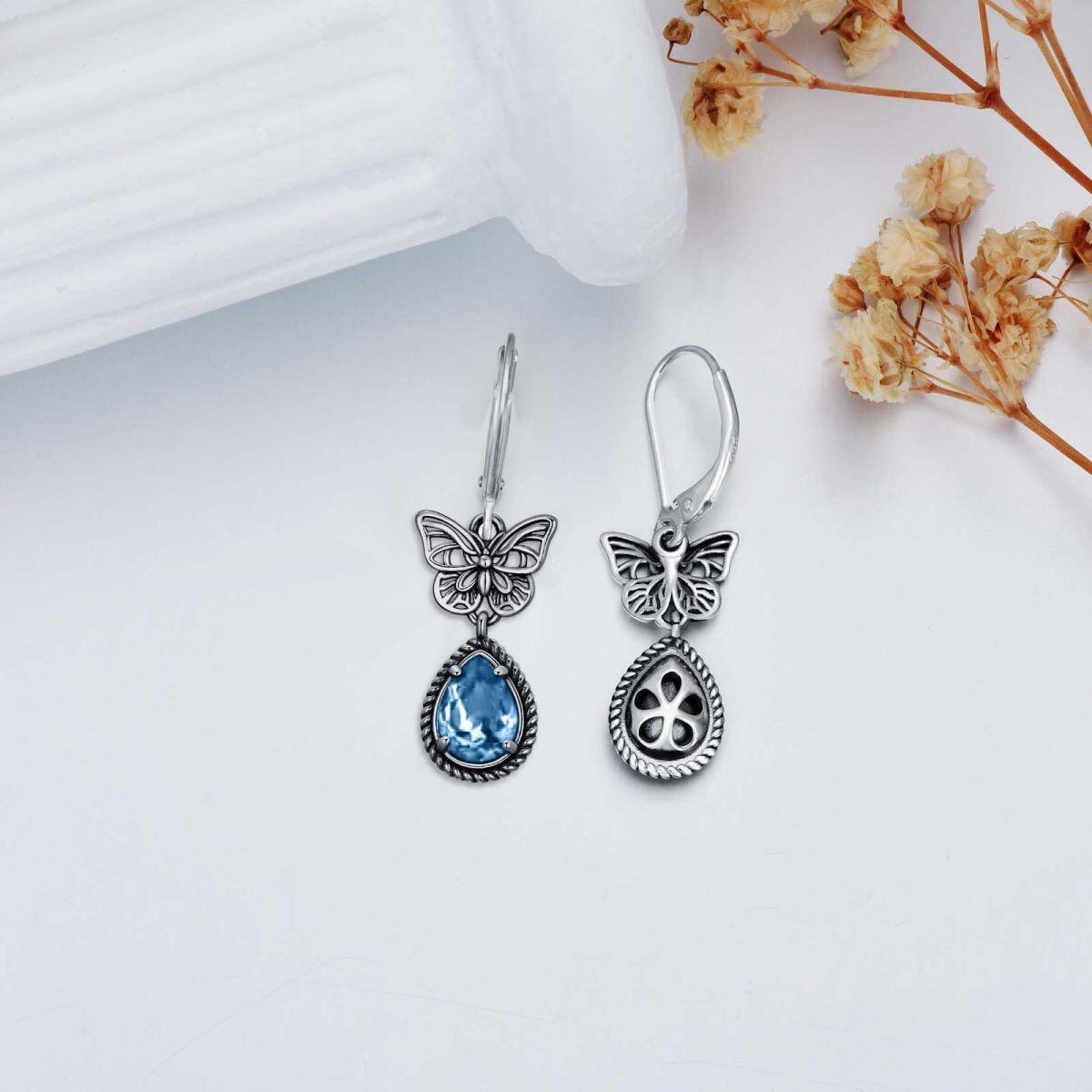 Pendientes de plata de ley con cierre de palanca y forma de mariposa y cristal de pera azul para mujer-4