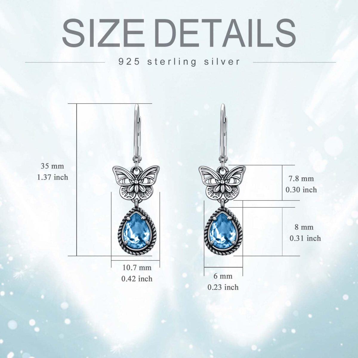 Sterling Silver Blue Pear Crystal Butterfly Lever-back Earrings for Women-5