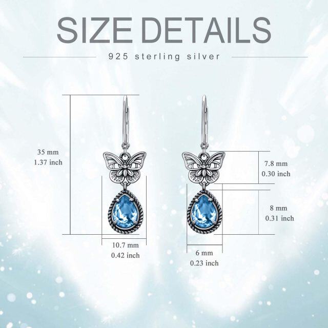 Sterling Silver Blue Pear Crystal Butterfly Lever-back Earrings for Women-5