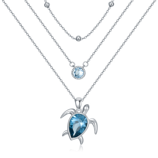 Sterling Silver Blue Pear Shaped Cubic Zirconia Sea Turtle Layered Necklace