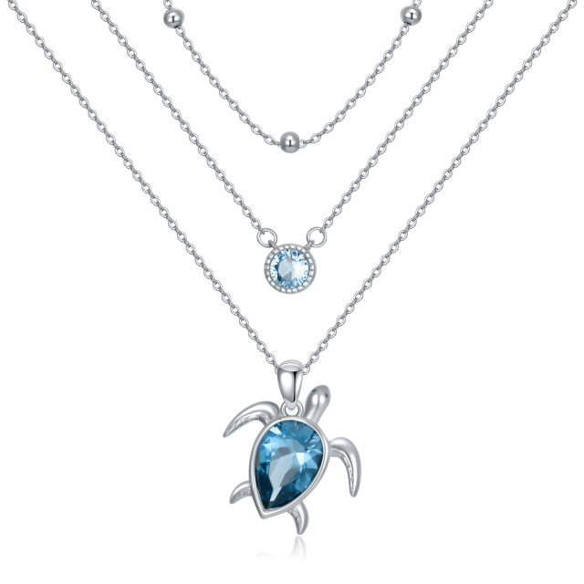 Sterling Silver Blue Pear Shaped Cubic Zirconia Sea Turtle Layered Necklace-1