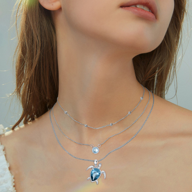 Sterling Silver Blue Pear Shaped Cubic Zirconia Sea Turtle Layered Necklace-2