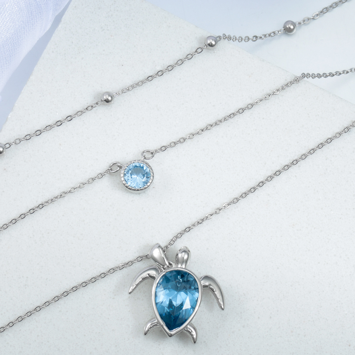 Collier de tortue de mer en argent sterling avec zircon cubique en forme de poire bleue-3