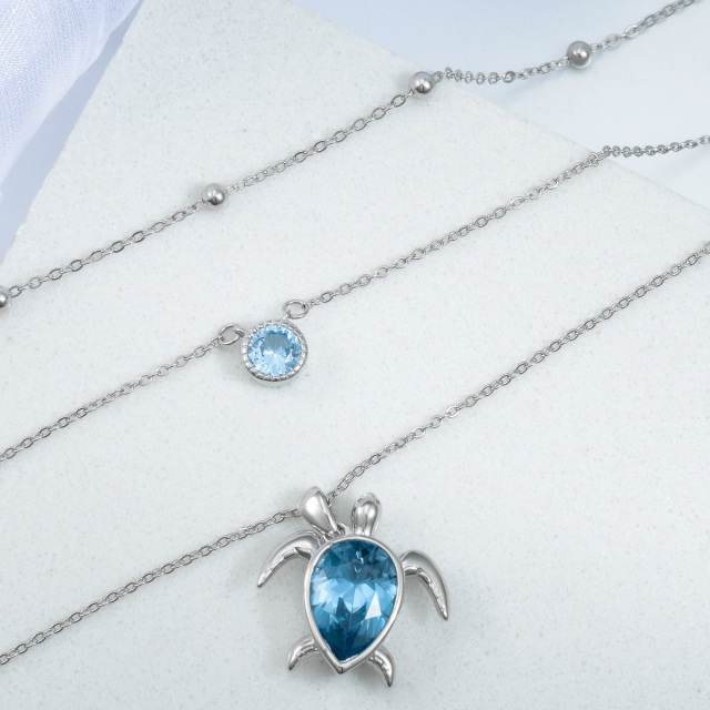 Sterling Silver Blue Pear Shaped Cubic Zirconia Sea Turtle Layered Necklace-3