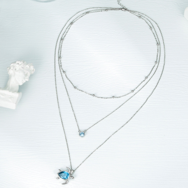 Sterling Silver Blue Pear Shaped Cubic Zirconia Sea Turtle Layered Necklace-4