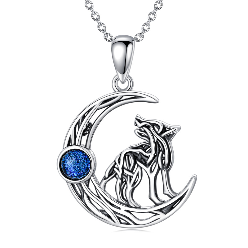 Sterling Silver Blue Sandstone Wolf & Moon Pendant Necklace-7