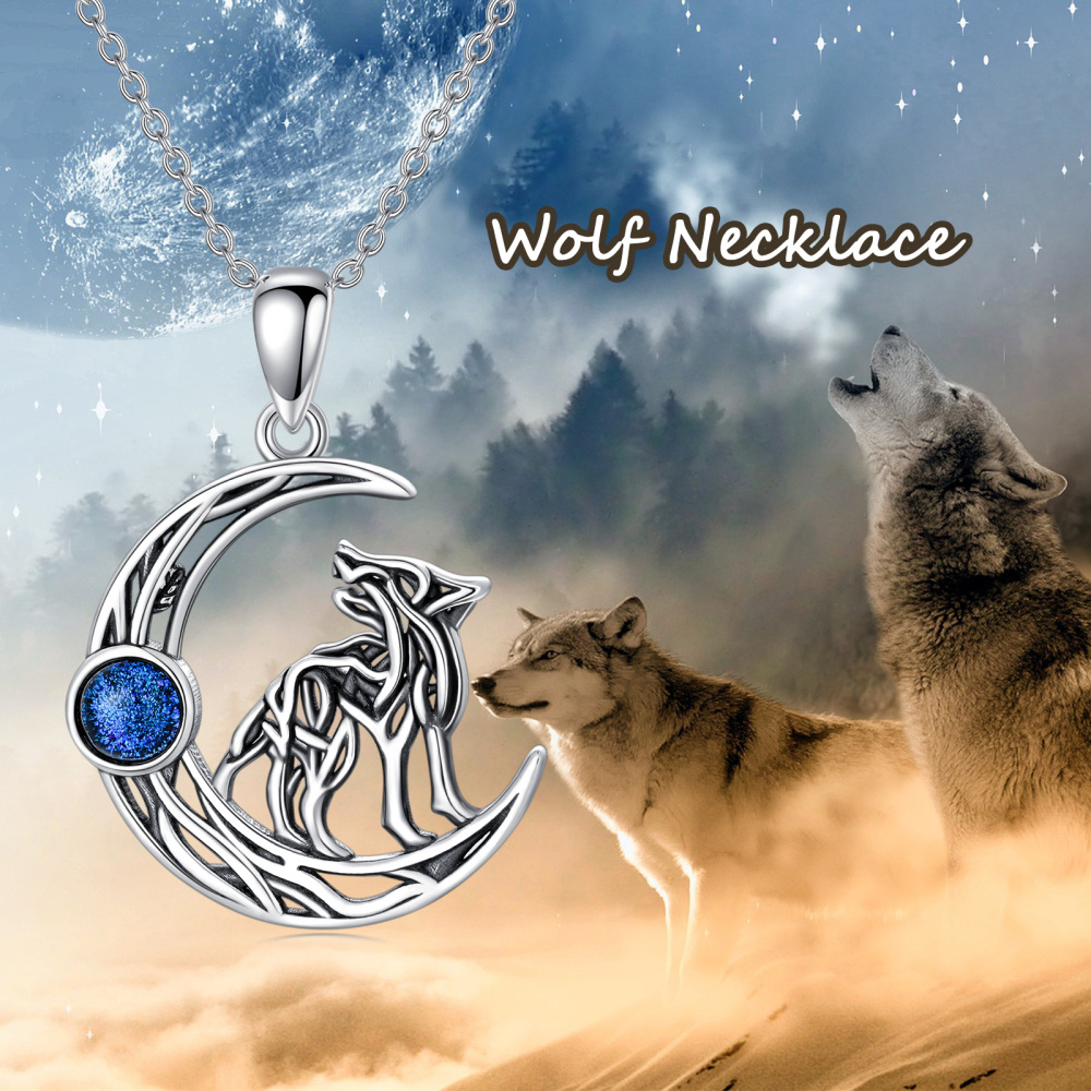 Sterling zilveren blauwe zandsteen wolf maan hanger ketting-4
