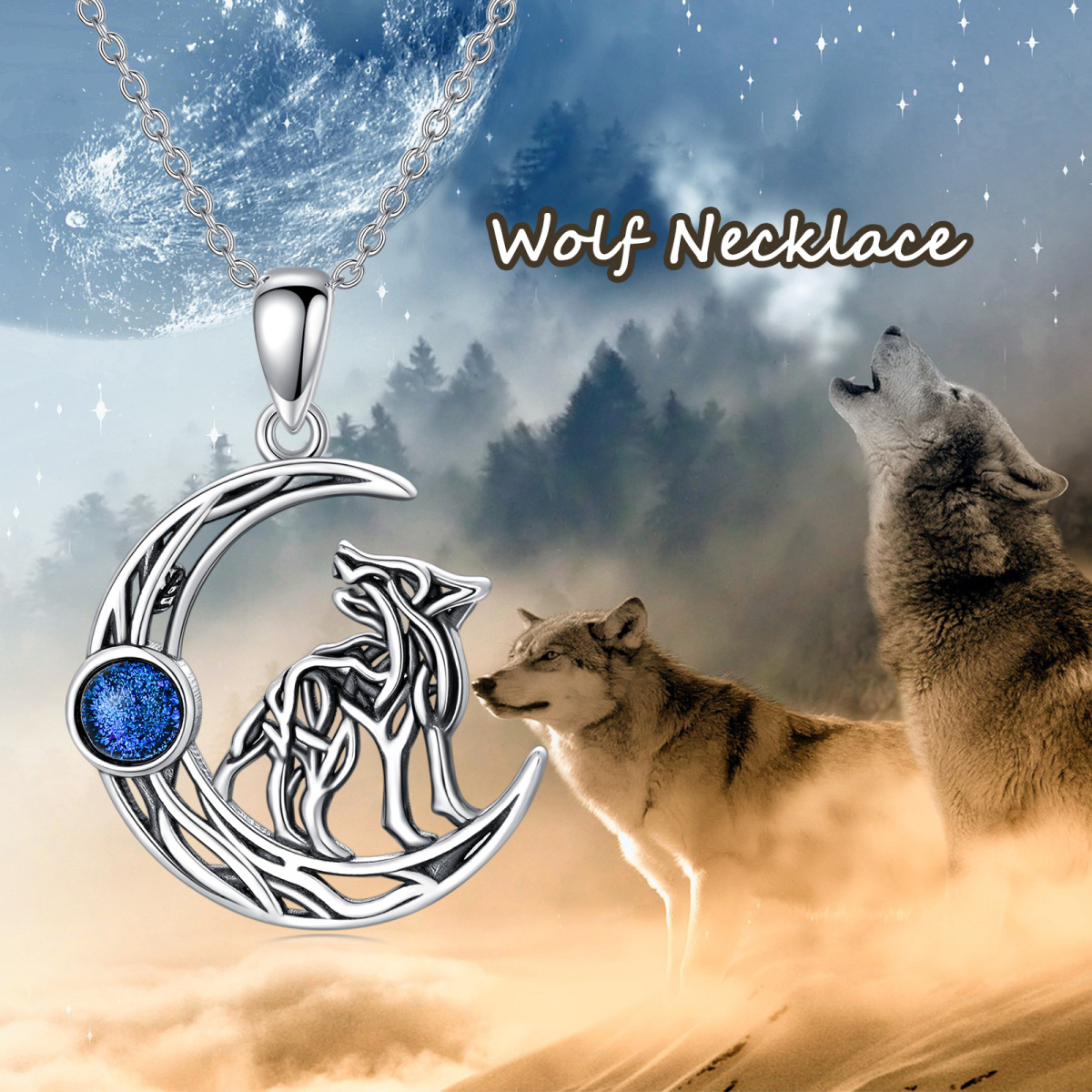 Sterling Silver Blue Sandstone Wolf & Moon Pendant Necklace-4