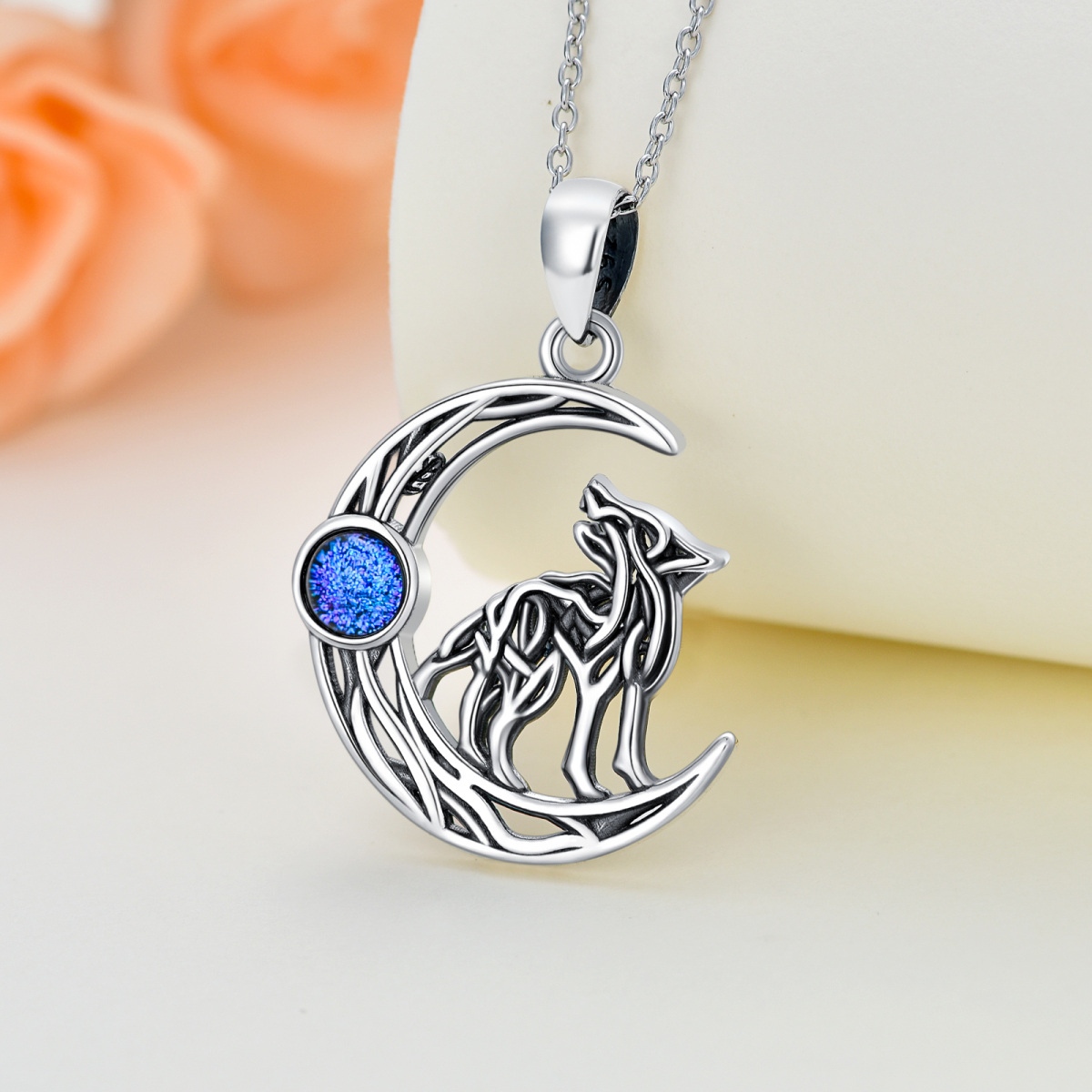 Sterling Silver Blue Sandstone Wolf & Moon Pendant Necklace-5