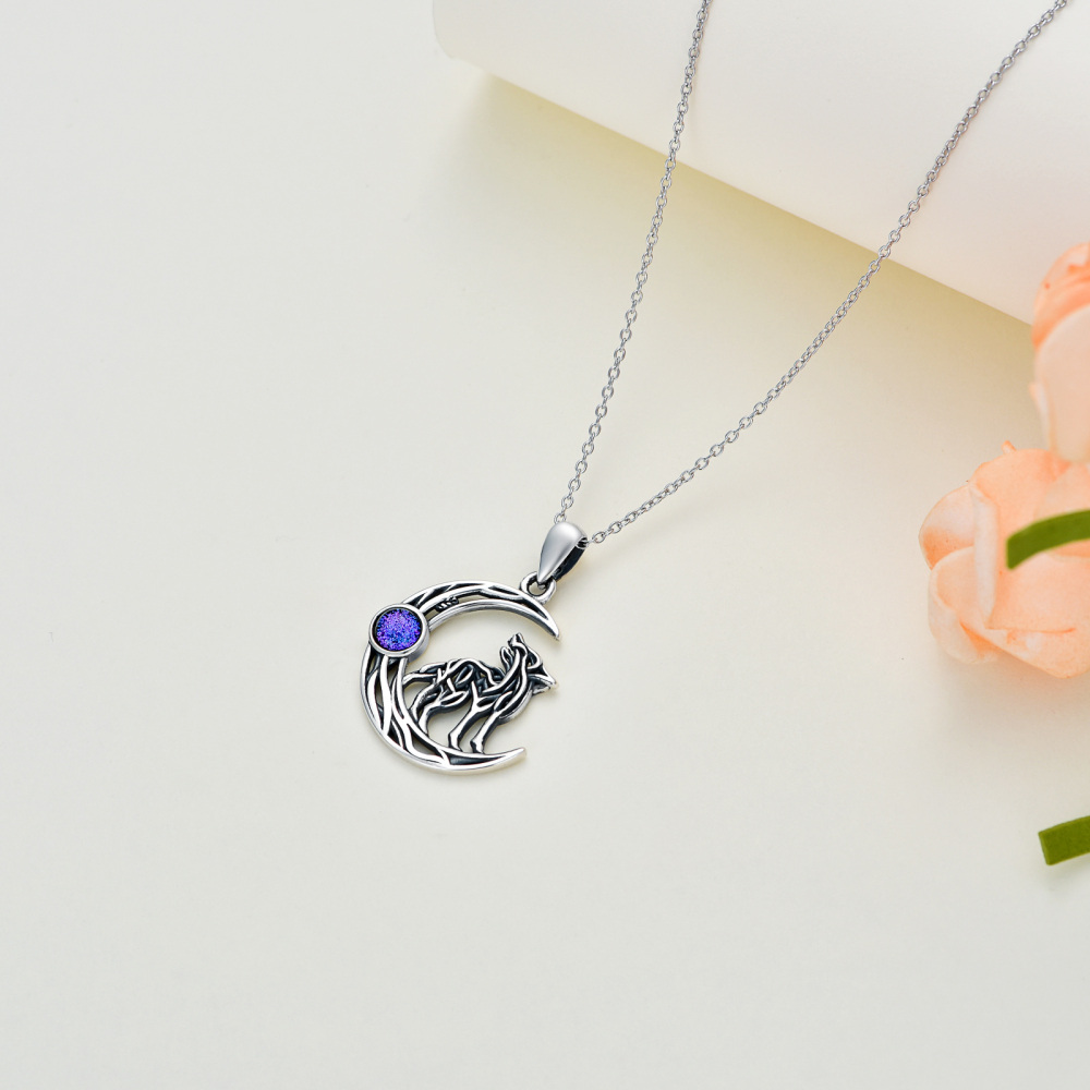 Sterling zilveren blauwe zandsteen wolf maan hanger ketting-6