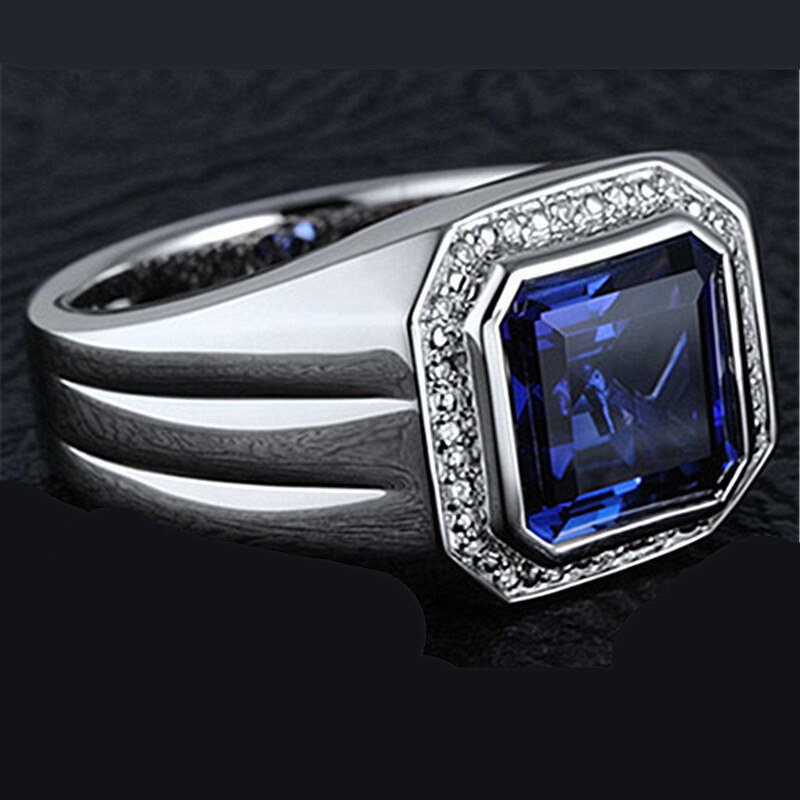Sterling Silver Blue Sapphire And Moissanite Personalised Engraving Ring For Men-2