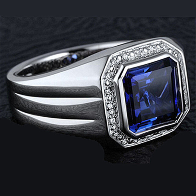 Sterling Silver Blue Sapphire for Men Moissanite Personalized Engraving Ring for Men-2