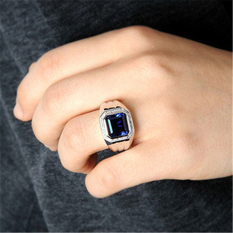Sterling Silver Blue Sapphire And Moissanite Personalised Engraving Ring For Men-3