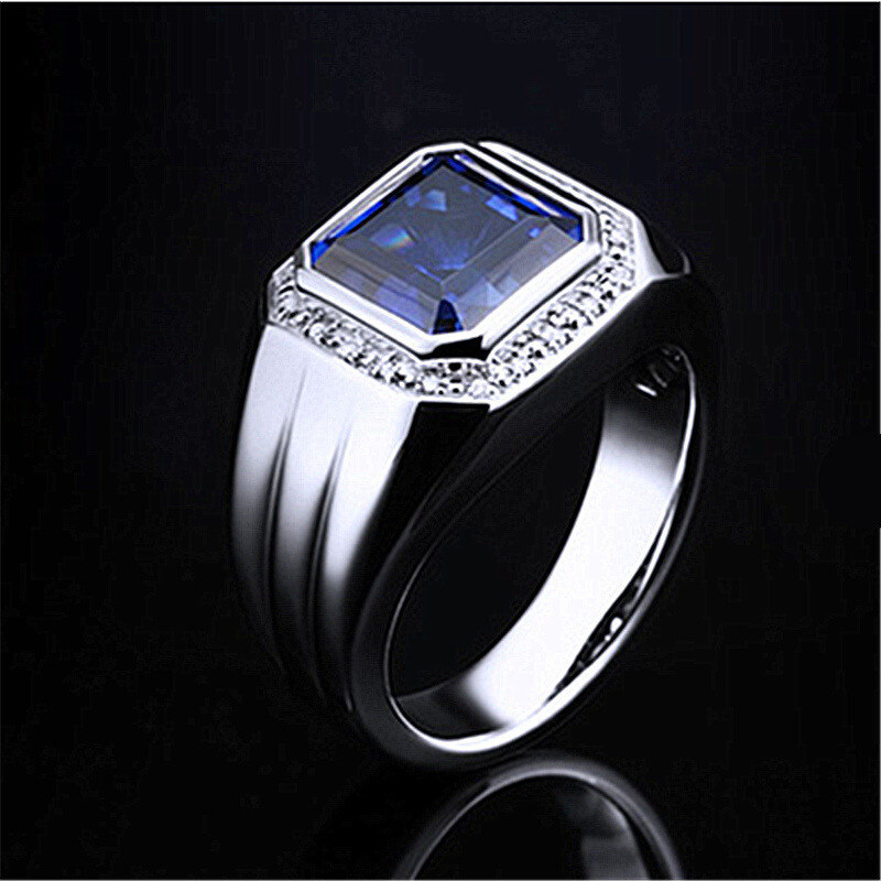 Sterling Silver Blue Sapphire And Moissanite Personalised Engraving Ring For Men-4