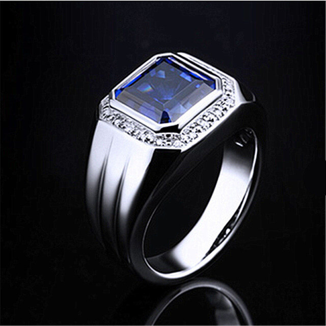 Sterling Silber Blauer Saphir für Männer Moissanite Personalisierte Gravur Ring für Männer-4