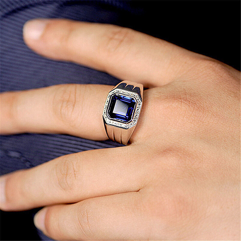 Anel de gravação personalizado de safira azul de prata esterlina e moissanite para homens-5