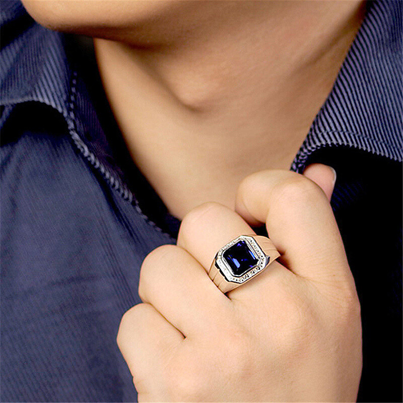 Anel de gravação personalizado de safira azul de prata esterlina e moissanite para homens-6