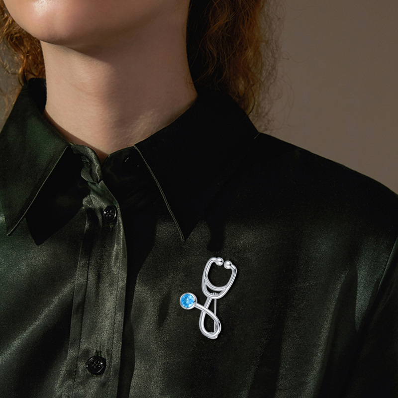 دبوس سماعة طبية من الفضة الإسترلينية مرصع بالزركونيا المكعبة الزرقاء، هدية مجوهرات للممرضات والأطباء-2